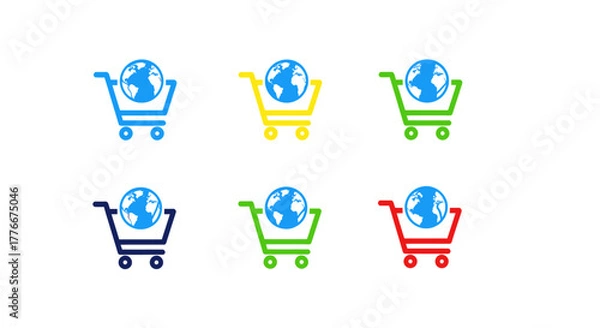 Fototapeta Colorful shopping carts with globe icons symbolizing global e-commerce and online shopping.