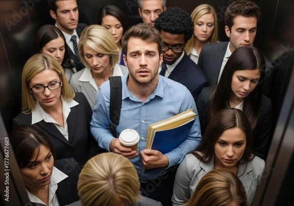 Obraz Overcrowded Office Elevator Moment : Morning Rush Reality - Office employees stand tightly packed in an elevator; one tired worker holds coffee and files, reflecting morning exhaustion.