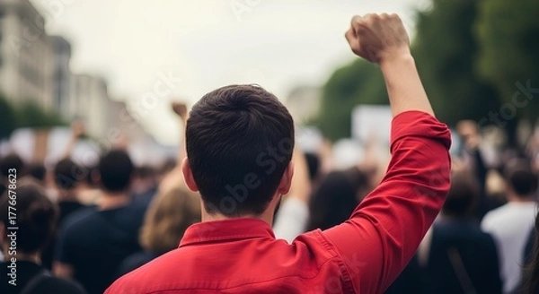 Fototapeta A person raises their fist in the air at a protest, symbolizing activism and social change