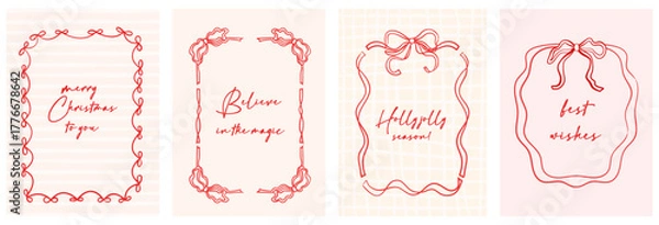 Obraz Merry Christmas card set with retro hand-drawn doodles, bow and ribbon frames, stripes, and vintage typography. Ideal for holiday banners, posters, and cover templates