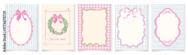 Fototapeta Retro Christmas card collection with charming hand-drawn doodles, ribbon and bow frames, striped accents, and classic vintage typography. Perfect for festive posters, banners, invitations
