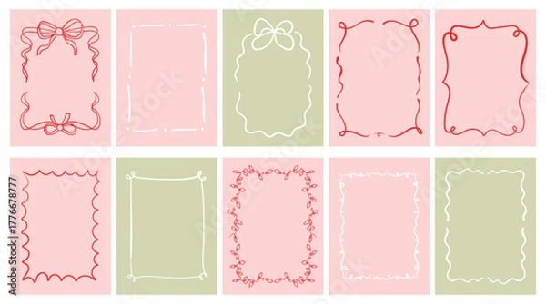 Fototapeta Retro pink and green holiday border featuring hand-drawn bow, ribbon, and lights. Perfect decorative frame for Christmas posters, invitations, placards, and festive vector layouts.