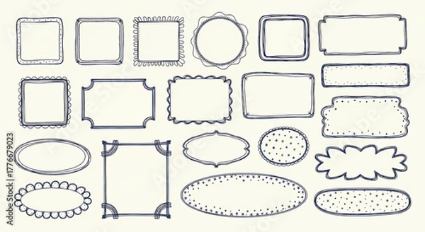 Fototapeta Collection of hand-drawn doodle frames and borders in various shapes, vintage sketch style vector illustration