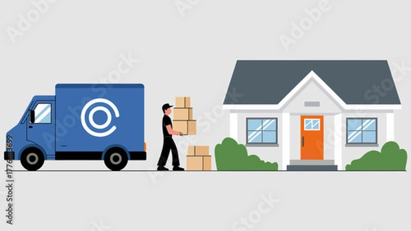 Obraz Delivery service bringing boxes to a house with a blue truck representing efficient and reliable moving solutions for residential customers