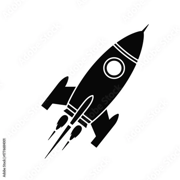 Fototapeta Black silhouette of a retro rocket ship blasting off on a white background
