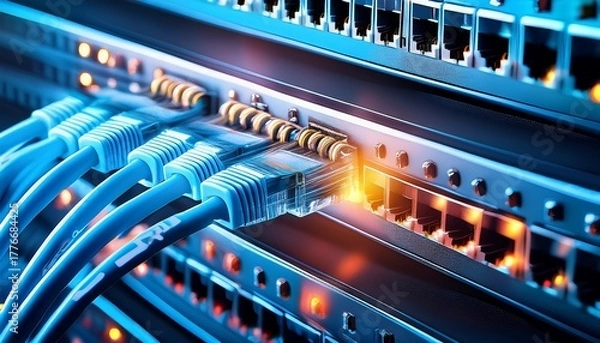 Fototapeta ethernet cables plugged into a network switch with glowing lights data center and internet connection a close up of a server rack showing high speed data transfer and network traffic