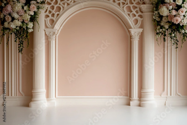 Fototapeta Elegant archway with columns, floral decor, and a soft pink backdrop. Ideal for wedding photography, classic portraits, or sophisticated interior design projects.