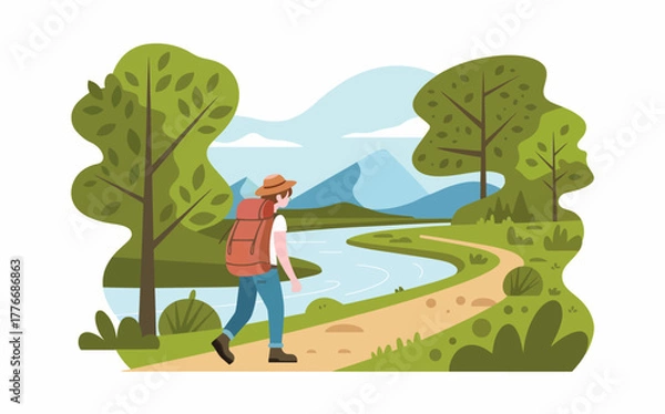 Obraz Man Hiker Backpacking Through Beautiful Mountain Scenery along River with Trees and Blue Sky for Outdoor Adventure