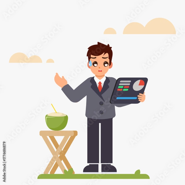 Fototapeta Cartoon vector illustration of a successful businessman with a laptop and coffee, symbolizing a working concept in the office