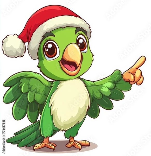 Fototapeta A modern clip art illustration of a Christmas green parrot wearing an eye patch and Santa hat, created with simple gradients, all on one layer
