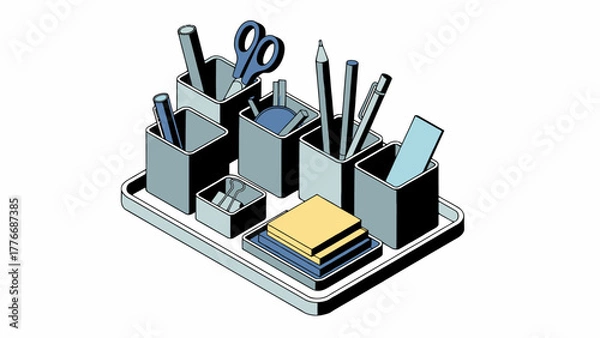 Obraz Neatly Arranged Desk Organizer with Office Supplies for Efficient Workspace Management and Productivity Enhancement in a Minimalist Style