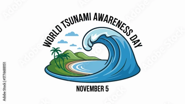 Obraz World Tsunami Awareness Day Illustration Featuring a Large Wave and Tropical Island Scene for Educational Purposes and Safety Campaign Use