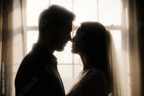 Fototapeta A man and a woman, possibly a bride, stand in silhouette, nose to nose, in a tender moment against a bright window. Valentine's Day