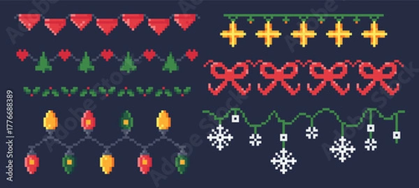 Fototapeta Pixel Art Christmas Garlands and Borders Set.