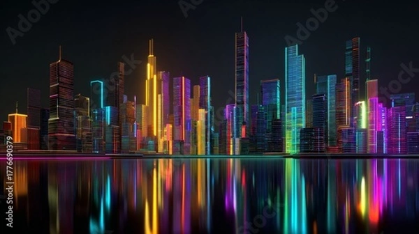 Fototapeta Futuristic urban design  a mixed reality cityscape with neon reflections and minimalist aesthetics