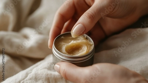 Fototapeta Female hands applying moisturizing cream from tin on soft beige fabric background