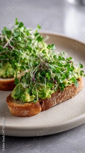Fototapeta Avocado toast with microgreens on sourdough bread on a ceramic plate