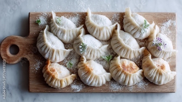 Fototapeta Homemade dumplings with powdered sugar and edible flowers on wooden board