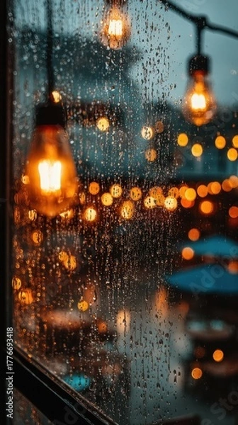 Fototapeta Warm glowing light bulbs through a rain-soaked window with blurred city lights