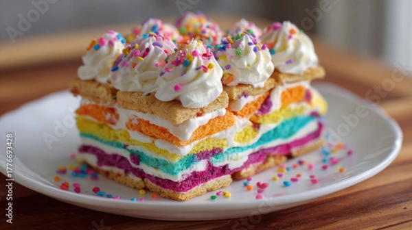 Fototapeta Rainbow Cookie Icebox Cake. Colorful rainbow layered cake with whipped cream and sprinkles on ceramic plate
