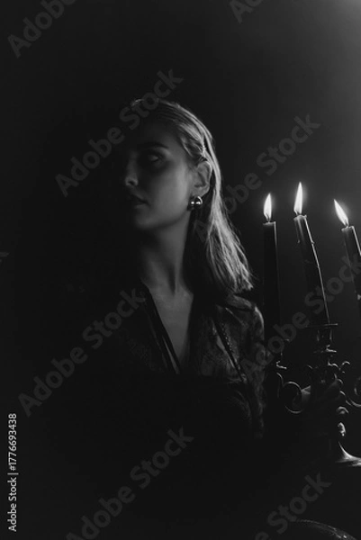 Fototapeta A mysterious woman stands in silhouette against a bright window, surrounded by dramatic smoke and shadows