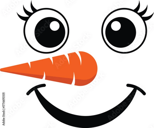 Fototapeta Cute snowman face with carrot nose and smiling eyes – Christmas snowman cartoon vector
