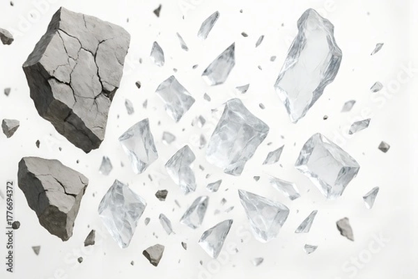 Fototapeta Rock and glass Apart — 3D Explosion of glass and Rock Fragments in Motion