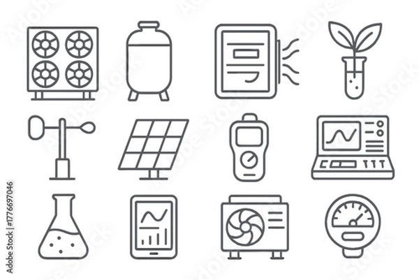 Obraz Climate Engineering Icons. Line style icons of Climate Engineering: Direct Air Capture Unit, Storage Tank, Filter Module, Green