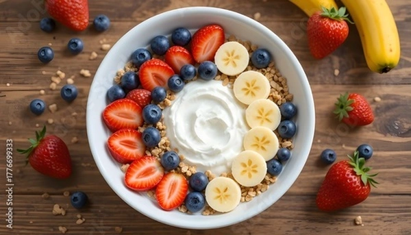 Obraz Overhead view of bowl filled with Greek yogurt, sliced strawberries, blueberries, banana, and granola, bright natural lighting, 