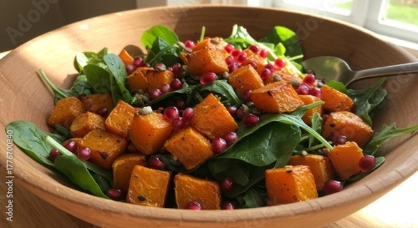 Obraz Vibrant Autumn Butternut Squash Salad with Pomegranate and Greens