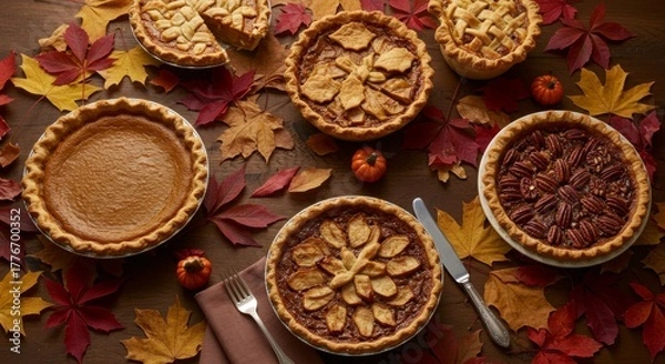 Obraz Variety of Festive Autumn Pies and Fall Leaves on Rustic Wooden Table