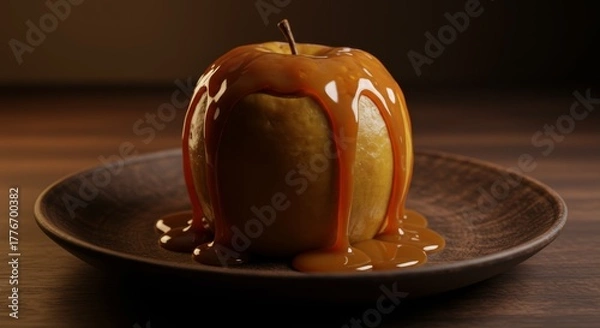 Obraz Delicious Caramel Apple Dessert on a Rustic Ceramic Plate