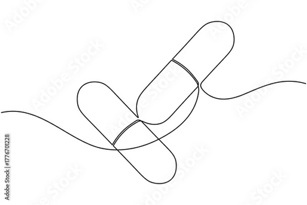Fototapeta Pharmaceuticals capsule and tablets continuous one line drawing on white background minimalist medicine pill outline vector illustration