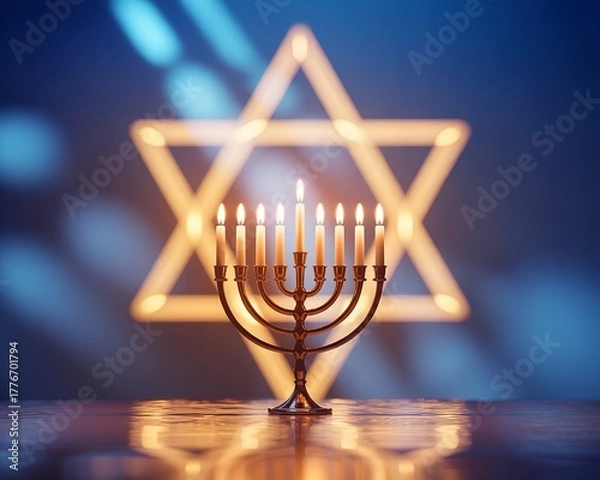 Fototapeta Elegant menorah and shining Star of David for the Festival of Lights.