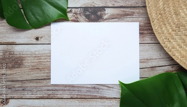 Fototapeta Blank paper with tropical leaves on wood perfect for summer message or creative work