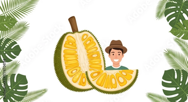 Fototapeta A Person Presents A Freshly Cut Jackfruit With Palm Tree Leafs Illustration