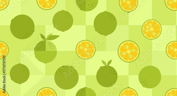 Fototapeta Abstract Citrus Fruit Arrangement Against Checkered Background Creates Refreshing Visuals