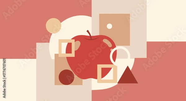 Fototapeta Abstract Composition Featuring an Apple and Geometric Shapes in a Neutral Color Palette