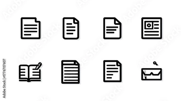 Fototapeta Set of diverse document and file icons in outline style. Includes text documents, ID card, notebook, and folder for data management.