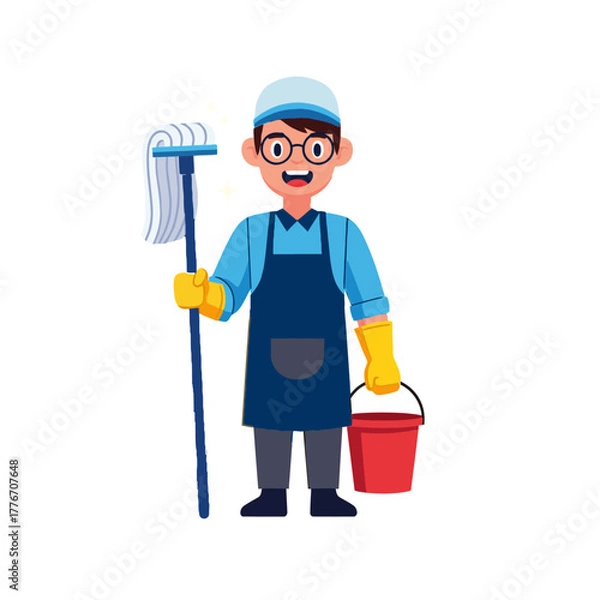 Obraz  Janitor holding mop and bucket wearing blue apron and yellow cleaning gloves