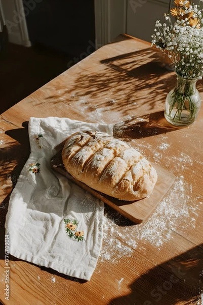 Obraz Fresh homemade rustic bread on a light wooden table, linen napkin, scattered flour, a vase of wildflowers, cozy quiet morning, slow living, homemade food, bakery, and rustic lifestyle concepts