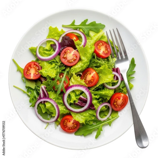 Obraz Fresh Garden Salad with Red Onion and Tomato Slices Top View