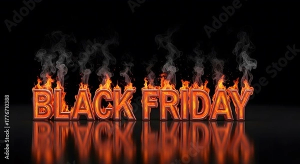 Fototapeta Black friday sale text on fire with smoke effect and reflection on the floor