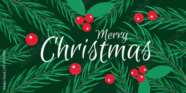 Fototapeta Merry Christmas banner. Branch, red berries, text on green background. Vector illustration