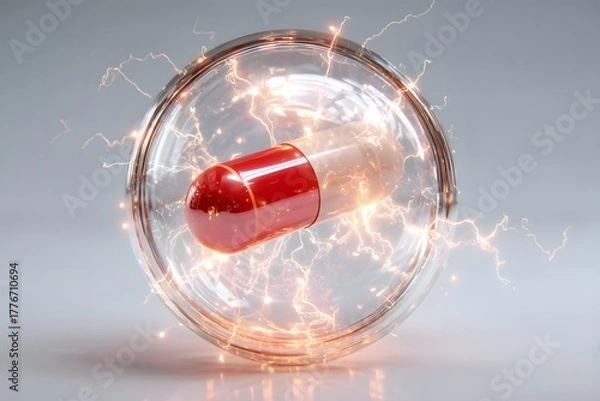 Fototapeta Powerful medication concept with electric energy boosting healing, a modern scientific approach to health and wellness for a vibrant future