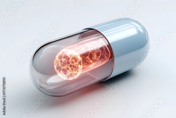 Fototapeta Innovative capsule reveals glowing microscopic cells, symbolizing breakthrough medical science and advanced pharmaceutical research
