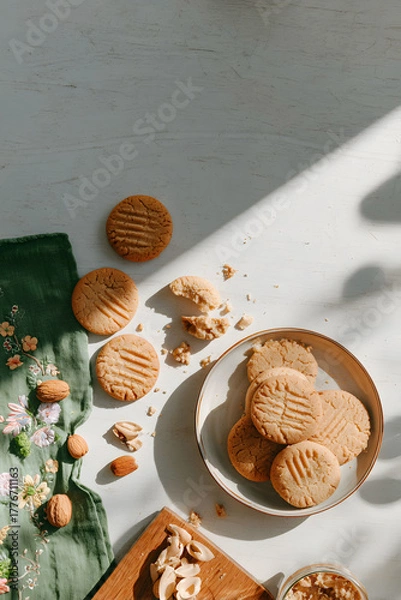 Obraz A cozy, relaxed tabletop scene with a plate of homemade shortbread cookies seen from above. cozy home baking, slow living, comfort food, rustic kitchen aesthetics