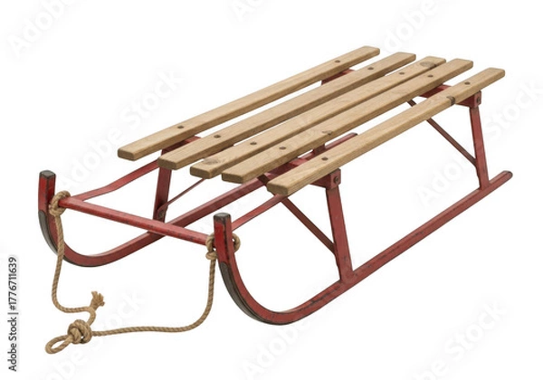 Obraz Vintage wooden sled with red metal frame and rope, isolated on transparent background
