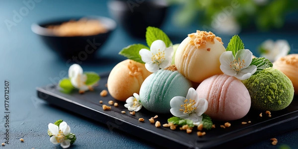 Fototapeta Mochi ice cream in pastel shades artfully arranged on a dark plate with jasmine blossoms, mint leaves and crunchy toppings for a delicate, colorful Asian dessert presentation