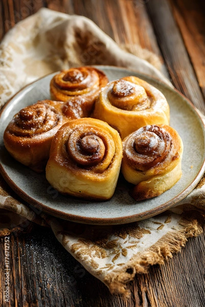 Obraz Close-up of homemade golden-brown homemade cinnamon rolls on a plate., with visible swirls. Rustic homemade baking, traditional family recipes